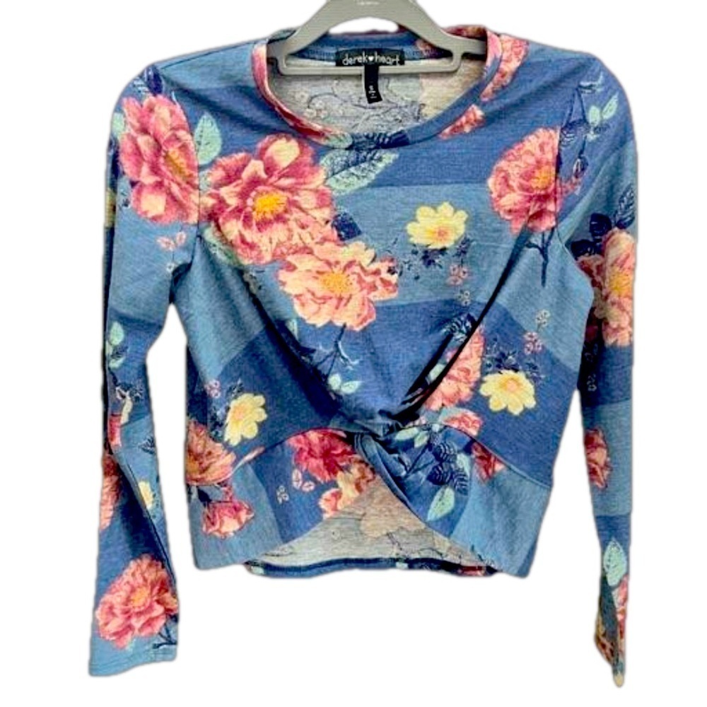 Derek Heart Vintage Indigo Floral Twist long Sleeve Top Small